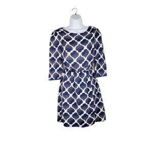 Boden Knee Length Blouson Dress Blue White Spade 3/4 Sleeve Petite Size 4P